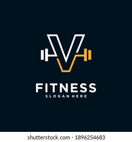 V fitness logo logo with Kettlebell fitness vector icon design and Barbell Fitness Gym Logo Design.
