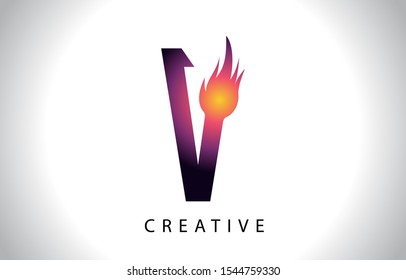 V Flame Letter Logo Icon Design With Fire Flame. Creative Look Vector Illustration in Purple Magenta Colors.