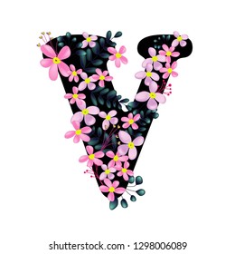 V floral letter, Font with flower decoration, Pink purple black flower alphabet with leaf, Hand drawn vector illustration Isolated on white background, Wedding invitation element