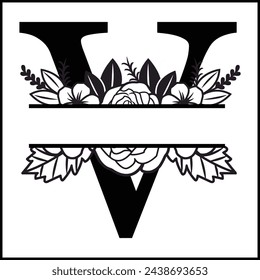 V Floral Split Monogram , Flower Monogram Clipart, Floral Letter Graphic, Alphabet Bundle |Split Monogram Alphabet | Split Monogram Frame Alphabet | Cut File for Circuit, Silhouette svg