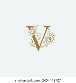 V Flower Logo Hochzeit Logo. Elegantes Monogramm. Illustration des Hochzeitsmonogramm-Logos mit Blumenrahmen. ausdrucken