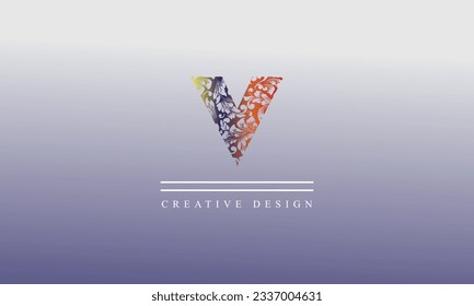V flower style yellow red orange blue gradient alphabet creative modern logo design with gradient back ground 