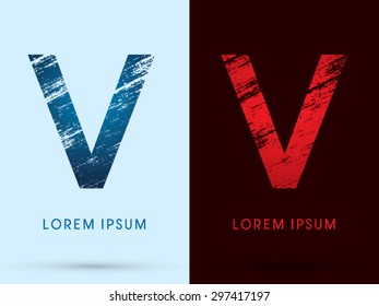 V ,Font Cool and Hot, Ice and Fire, grunge destroy, graphic vector.