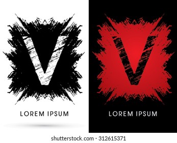 V ,Font, Designed using grunge brush on scratch background, graphic vector.