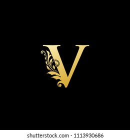 V Gold Letter Logo With Luxury Floral Design. Vintage Drawn Emblem For Book Design, Brand Name, Business Card, Restaurant, Boutique, Hotel. Vector Illustration