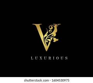 V Gold Luxury Letter Logo Icon, Classic V Vintage Logo Design.