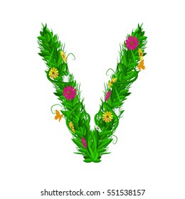 V Green eco letter with leaves and flowers for your design. Flat color style. Spring and summer concept. Vector Illustration