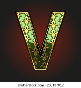 v green vector letter with gold
