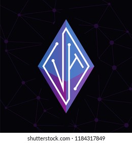 V H Initial letter block chain logo icon vector template. Looping mono line circuit letter on rhombus cube logo