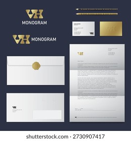 Monograma V H. Letras de oro conectadas H y V de estilo original. Formulario de Identificación, membrete, sobre, tarjeta de visita, lápiz.