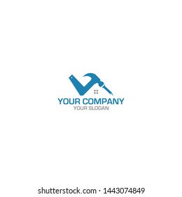 V Hammer Saw Construction Logo Design Vector