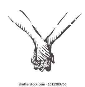 V Hands holding lovers. Hand drawn love isolated on white background.