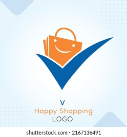 
V Happy Shopping Bag Logo Template In Modern Creative Minimal Vector Design .