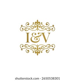 I V inisial logo ornamen emas. Hourouf IV esperluette et pernikahan atau simbol mitra bisnis.