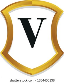 V Initial alphabet 3d metallic golden shield frame logo template