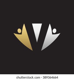 V initial alphabet letter logo with teamwork swoosh man, silver gold black background
