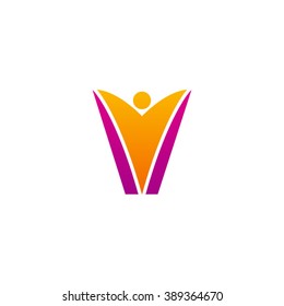 V initial alphabet letter logo with swoosh man, orange purple