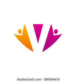 V initial alphabet letter logo with teamwork swoosh man, orange purple
