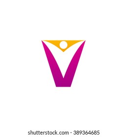 V initial alphabet letter logo with negative space swoosh man, orange purple