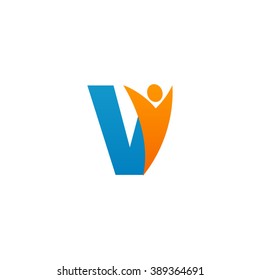 V initial alphabet letter logo with swoosh man, orange blue