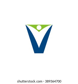 V initial alphabet letter logo with negative space swoosh man, green blue