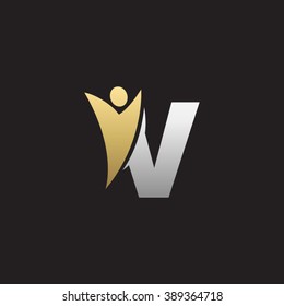 V initial alphabet letter logo with swoosh man, silver gold black background