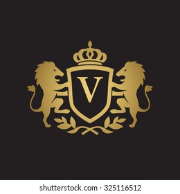 V initial business, clean luxury crest logo with lions