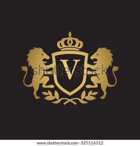 V initial business, clean luxury crest logo with lions