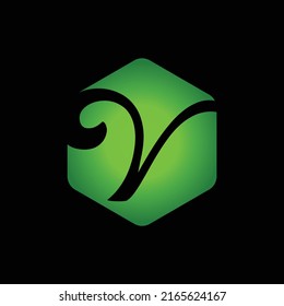 V initial green haxagon logo vector image