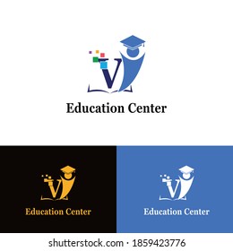 V Initial letter for Education/Academy Technology with Toga hat cap and children