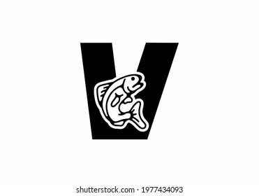V initial letter with fish design