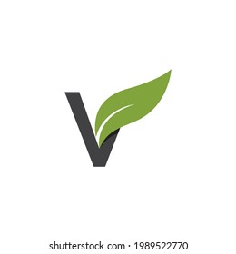 V Initial letter with green leaf