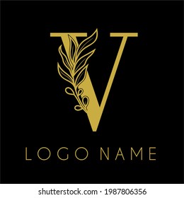 V Initial Letter Modern Minimalist Feminine Olive Leaves Logo Design Template. Cosmetic, Spa, Salon, Jewelry, Hotel Business Brand Identity
