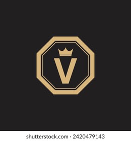 V initial letter monogram design with crown icon in hexagonal shape vector eps