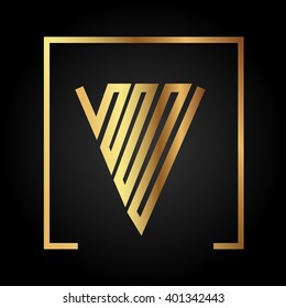 V initial logo, golden, square frame