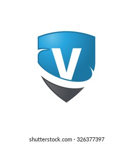 V initial swoosh shield logo blue