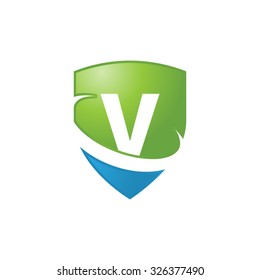 V initial swoosh shield logo blue green