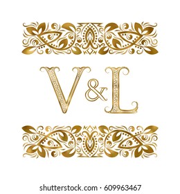 V and L vintage initials logo symbol. The letters are surrounded by ornamental elements. Wedding or business partners monogram in royal style.