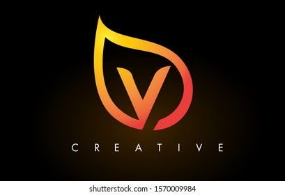 V Leaf Logo Letter Design with Golden Leaf Outline Vector Illustration.