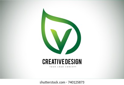 V Leaf Logo Letter Design with Green Leaf Outline Vector Illustration.