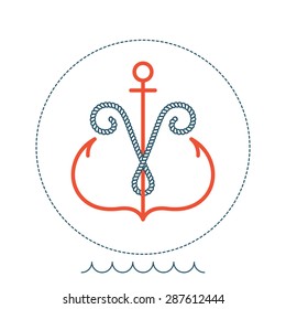 V letter with an anchor and rope vector vintage label, logo, icon design template element. This badge can be used as trademark or a print on fabric.