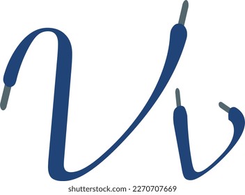 V letter. Blue Sport alphabet formed by shoe lace. Vector handwritten script font can be used for workout labels, race headlines, fitness posters, delivery cards. Alphabet fonts set.