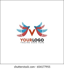 V Letter Brush Logo. Red and blue brush with Splash Concept Design.