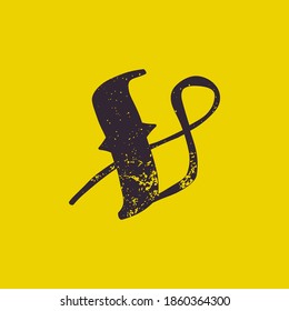 V letter calligraphy logo in horror style with grunge texture. Stylish terrible font for your fear corporate identity, circus emblem, nightlife posters, medieval style design, and etc. 