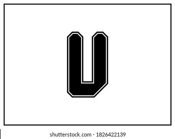 V letter classic american, college style font. Uniform letter in black with a black outside contour line. Vintage sport font.For jersey, t-shirt, basketball, baseball, football. Isolated vector