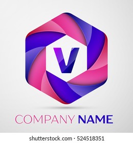V Letter colorful logo in the hexagonal on grey background. Vector template for your design