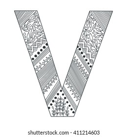 V letter. Coloring book. Vector alphabet
