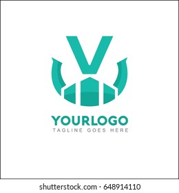 V letter creative logo. Real estate icon design for business visual identity. Illustration city, house and skyscraper.