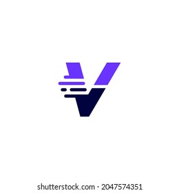 V Letter Dash Lowercase Tech Digital Fast Quick Delivery Movement Blue Logo Vector Icon Illustration