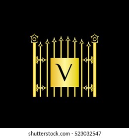 V letter decorative fence golden vector monogram,  logo, sign symbol icon